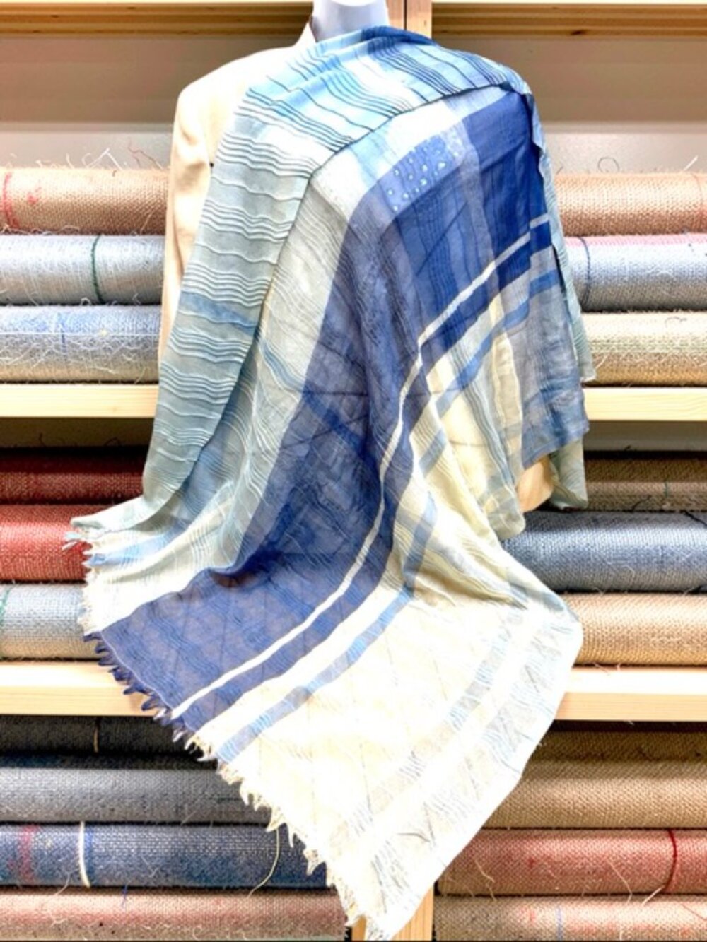 Great For Winter MOONBAT Wrap Scarf Silk Large 35"x35" Blue Pleated Fringed(2)